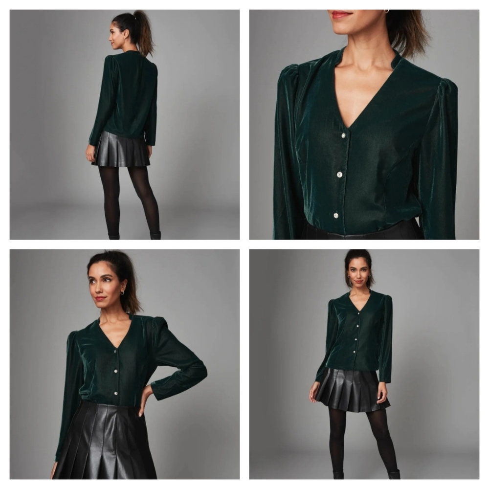 Untuckit For Her Green Velvet Gabby Shirt Womens Small‎ Long Sleeve Faux Diamond